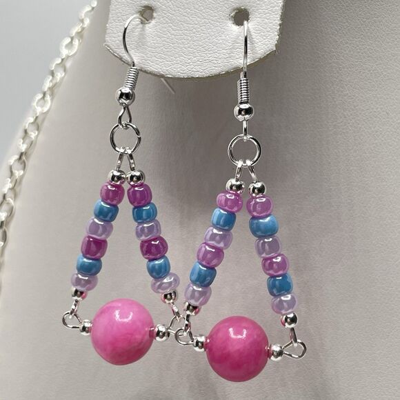 Artisan Dyed Jade Stone Beaded Seed Bead Necklace Earrings Set Silver Tone Boho - Picture 3 of 6